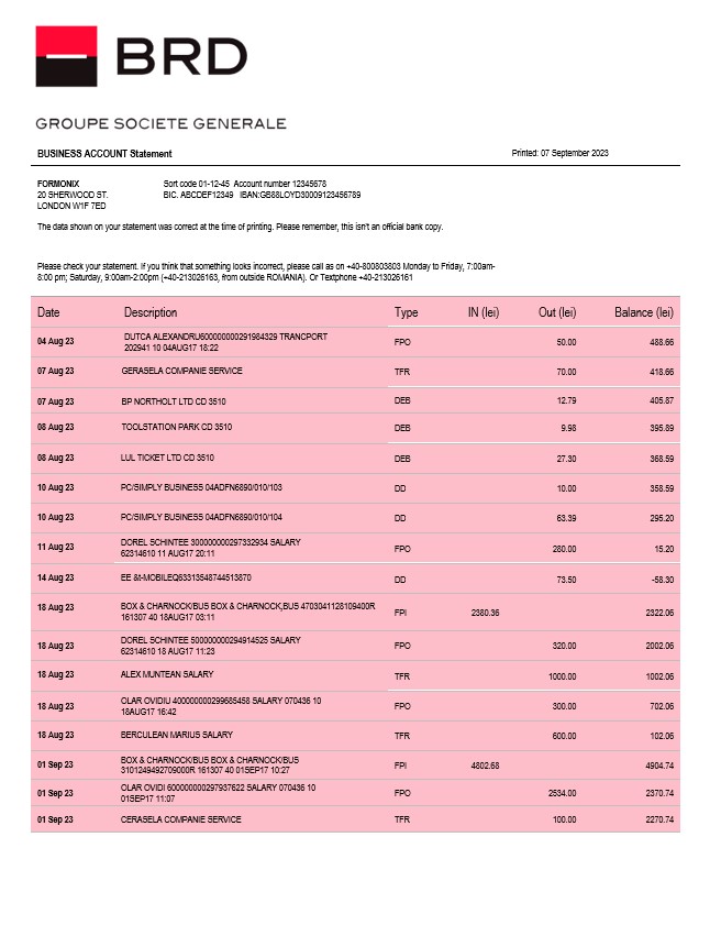Modèle Word et PDF de relevé de compte de l'organisation BRD Bank